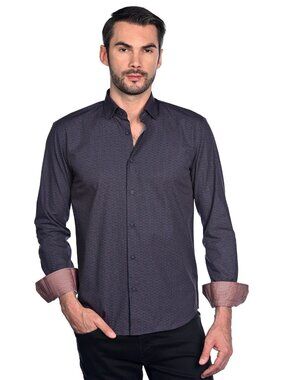 Mizumi Red Floral with Navy Dotted Line Long Sleeve Button Up/4365